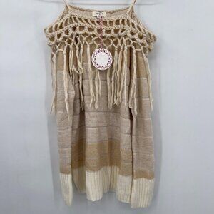 Umgee USA Off-Shoulder Fringe Knit Sweater Cottagecore Beige Cream Boho S